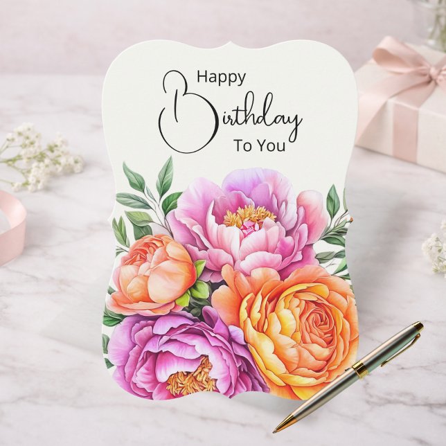 Elegant Floral Flat Happy Birthday Card | Peonies (Creator Uploaded)