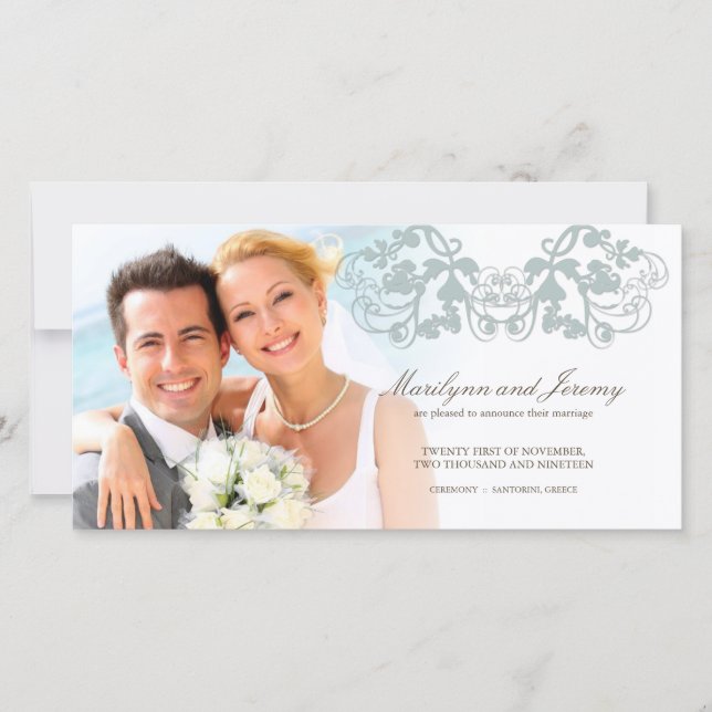 Elegant Floral Flourish Blue Wedding Announcement (Front)