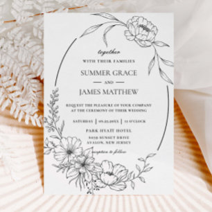 Elegant Floral Flowers Botanical Line Art Wedding Invitation
