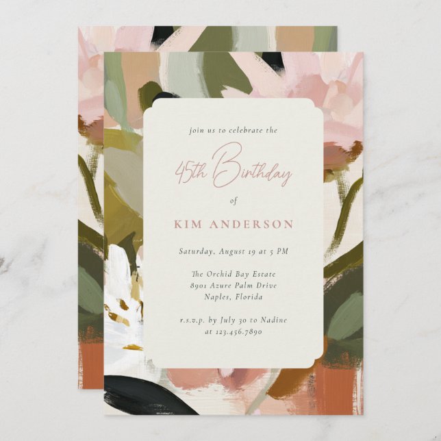 Elegant Floral Flowers Painting 45th Birthday Invitation (Front/Back)