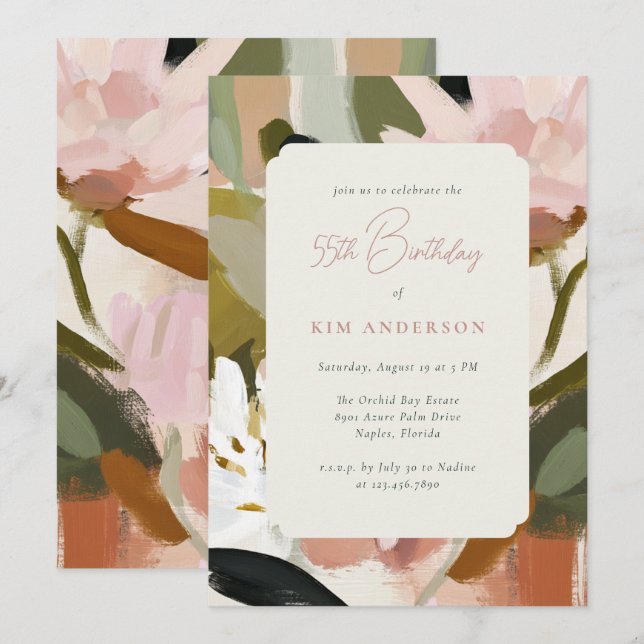 Elegant Floral Flowers Painting 55th Birthday Invitation (Front/Back)
