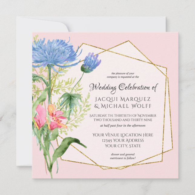 Elegant Floral Foliage Dusty Blue Pink Wedding Invitation (Front)