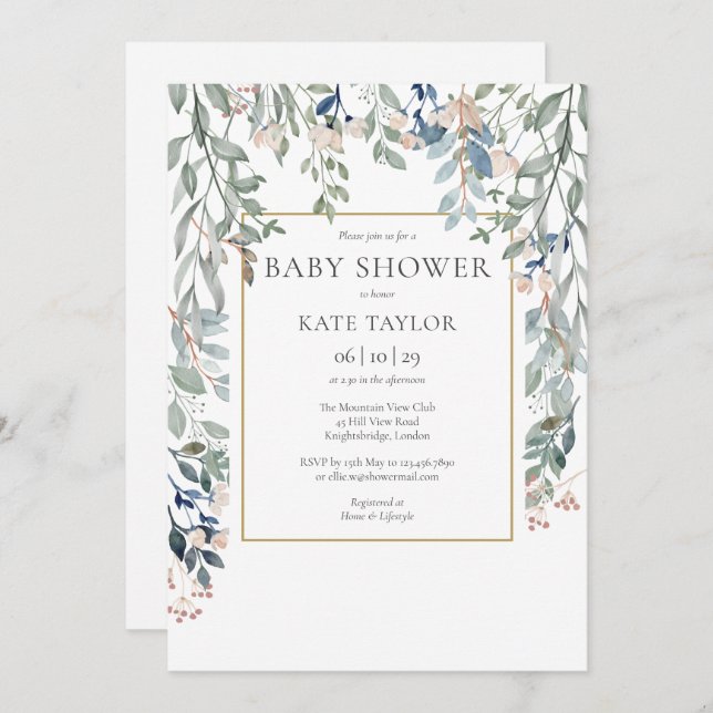 Elegant Floral Foliage Floral Baby Shower Invitation (Front/Back)