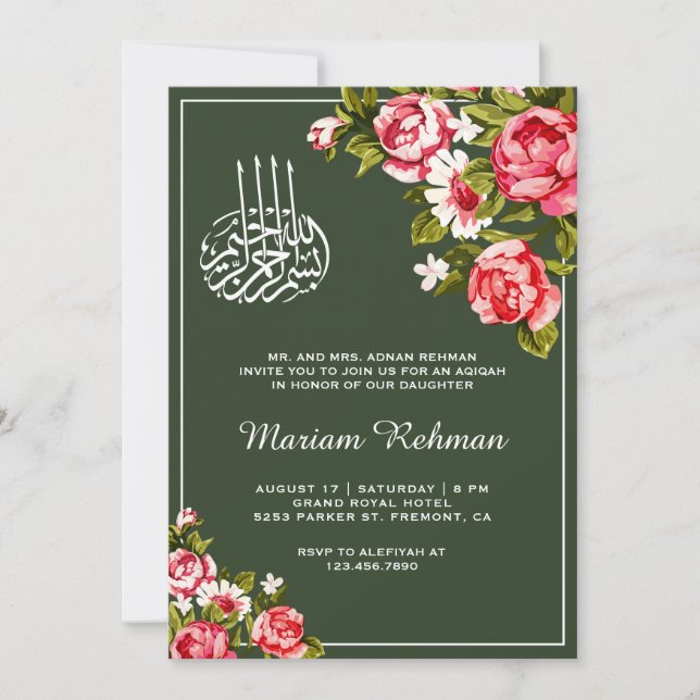 Elegant Floral Forest Green Baby Girl Aqiqah Invitation (Front)