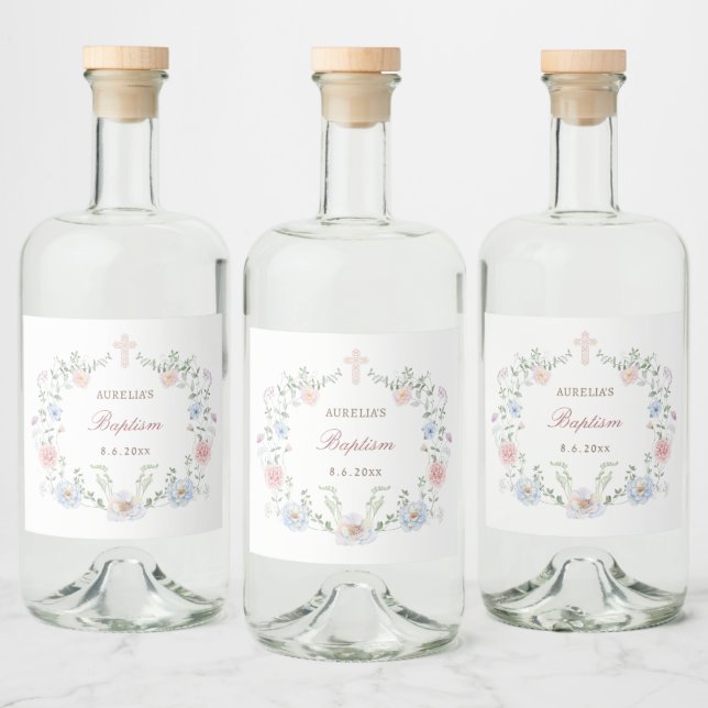 Elegant Floral Frame Baptism Liquor Bottle Label (Bottles)