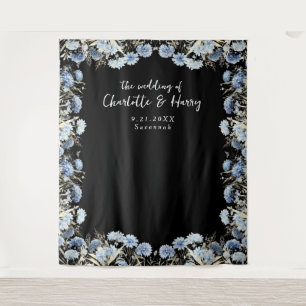 Elegant Floral Frame Black Wedding Photo Backdrop Tapestry