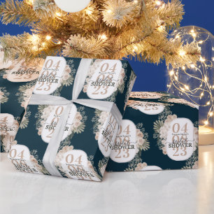 Elegant Floral Frame Bridal Shower Navy Blue Wrapping Paper