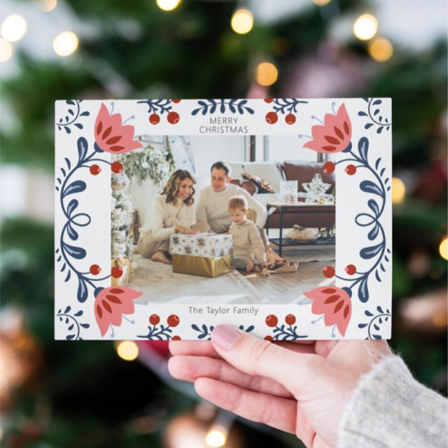 Elegant Floral Frame Christmas One Photo Holiday Card (Elegant Floral Frame Christmas One Photo Holiday Cards from Ricaso. Add your own photograph & text)