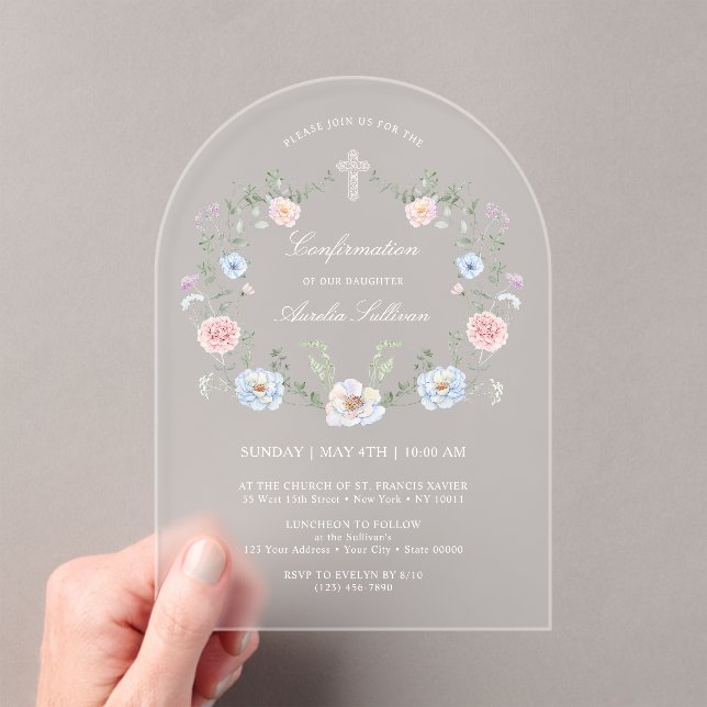 Elegant Floral Frame Confirmation Acrylic Invitations (Insitu (Handheld))
