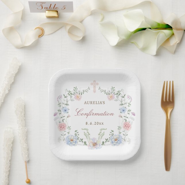 Elegant Floral Frame Confirmation Paper Plate (Wedding)