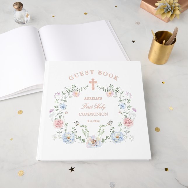 Elegant Floral Frame First Communion Guest Book (Front Open)