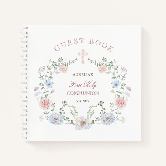 Elegant Floral Frame First Communion Guest Book (Front)