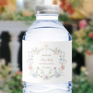 Elegant Floral Frame First Communion Water Bottle Label