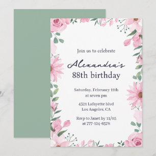 Elegant Floral Frame Green Pink 88th birthday Invitation
