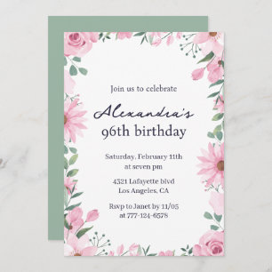 Elegant Floral Frame Green Pink 96th birthday Invitation