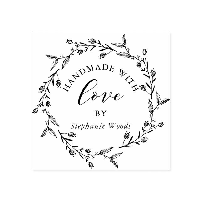 Elegant Floral Frame Handmade with Love Custom Rubber Stamp (Imprint)