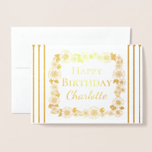 Elegant Floral Frame Happy Birthday Real Gold Foil Card