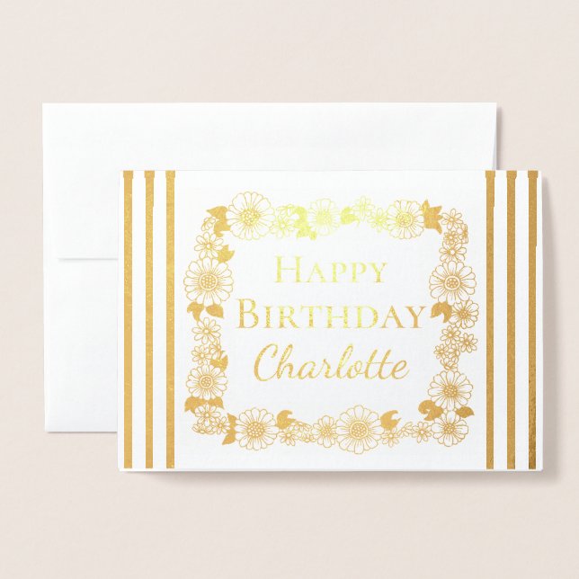 Elegant Floral Frame Happy Birthday Real Gold Foil Card (Front With Envelope)