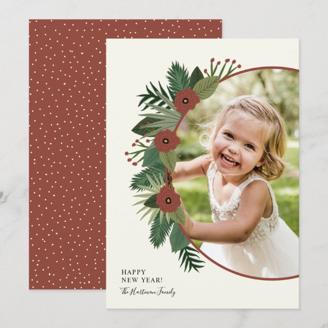 Elegant Floral Frame Happy New Year Photo Holiday Card (Front/Back)