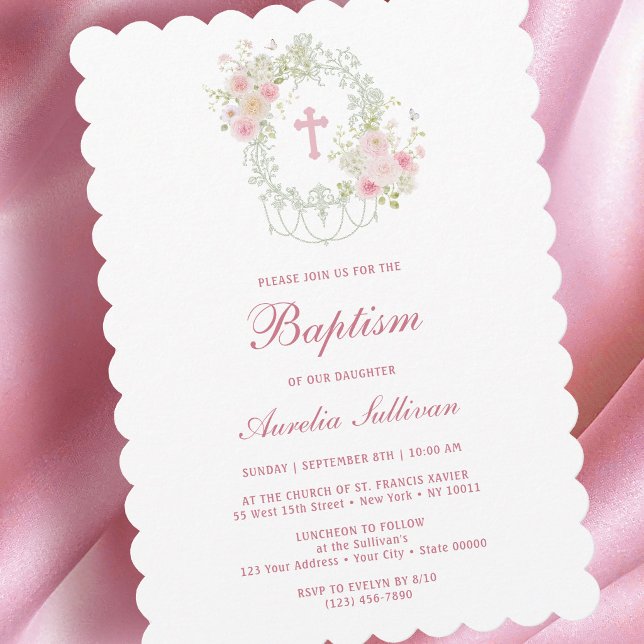 Elegant Floral Frame Holy Cross Baptism Invitation (Creator Uploaded)