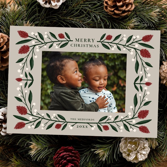 Elegant Floral Frame Horizontal Christmas Photo  Holiday Card (Creator Uploaded)