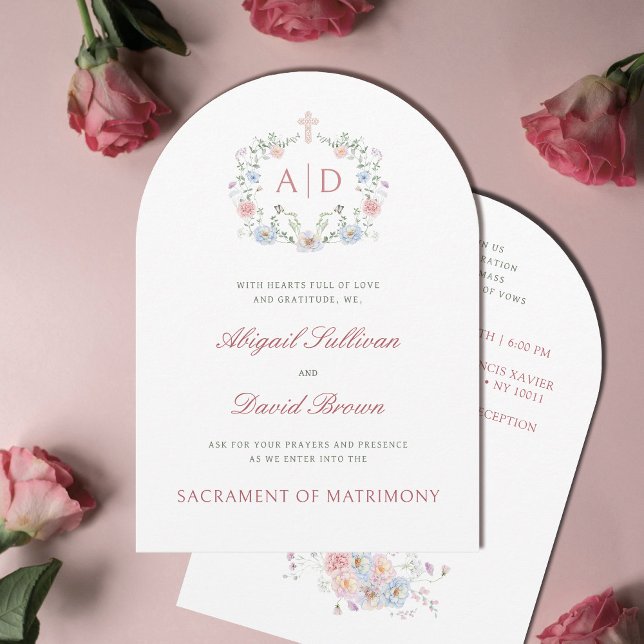 Elegant Floral Frame Monograms Catholic Wedding Invitation (Creator Uploaded)