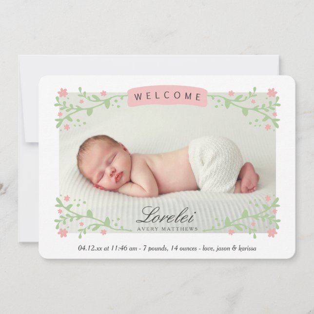 Elegant Floral Frame Pink Baby Girl Photo Birth Announcement (Front)