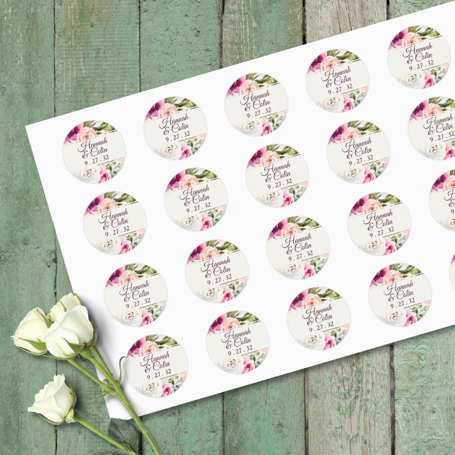 Elegant Floral Frame Pink Blush Purple Peach Names Classic Round Sticker (Creator Uploaded)