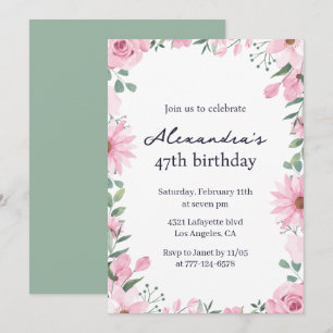 Elegant Floral Frame Pink Green 47th birthday Invitation