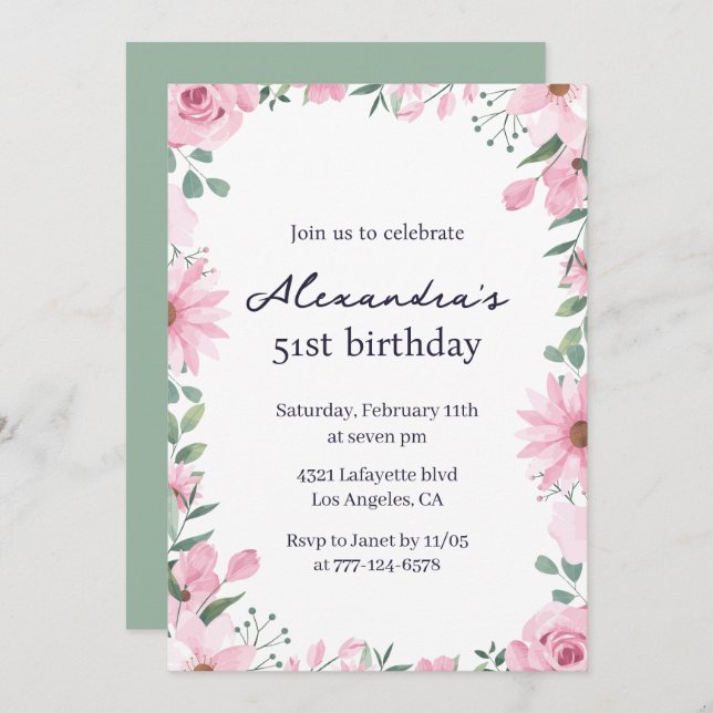 Elegant Floral Frame Pink Green 51st birthday Invitation (Front/Back)