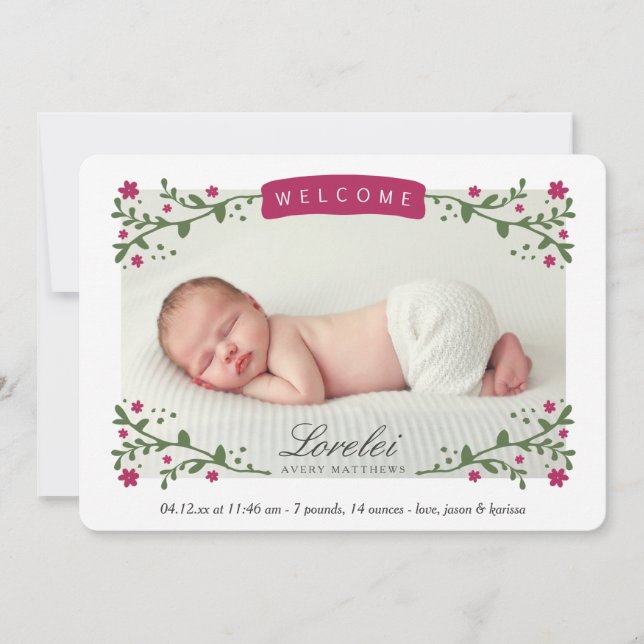 Elegant Floral Frame Plum Baby Girl Photo Birth Announcement (Front)