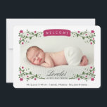 Elegant Floral Frame Plum Baby Girl Photo Birth Announcement<br><div class="desc">Plum flowers and green leaves form a corner "frame" design over your photo.  Reads "Welcome" at the top,  and is easy to customise with your own photo and text.  Custom colour requests are welcome.  Any enquiries can be addressed to orabellaprints@outlook.com.</div>