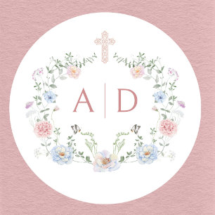 Elegant Floral Frame Religious Wedding Monograms Classic Round Sticker