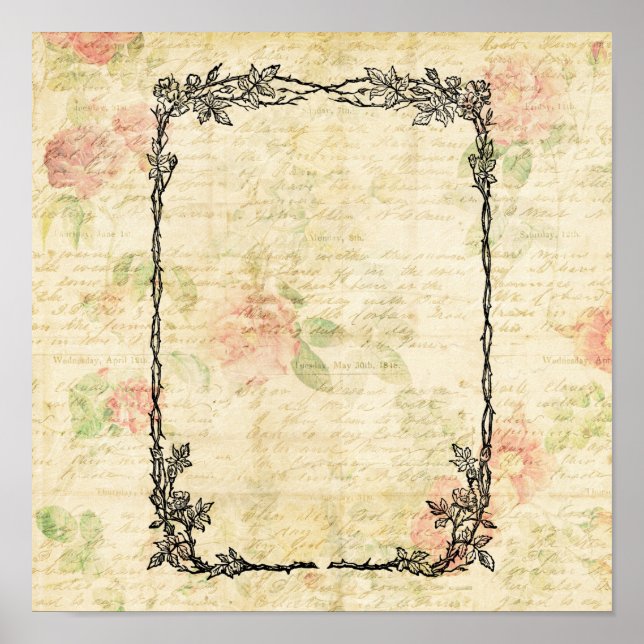 Elegant Floral Frame Rose Paper Script Add Text Poster (Front)