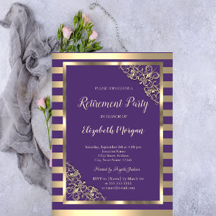 Elegant Floral Frame Striped Purple Retirement Invitation