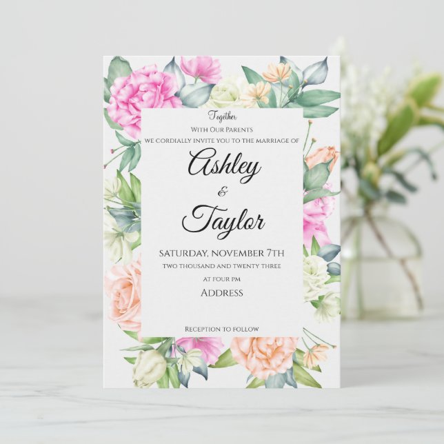 Elegant Floral Frame Watercolor Wedding Invitation (Standing Front)