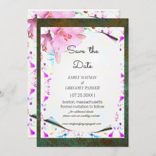 Elegant floral frame with grunge patina background save the date
