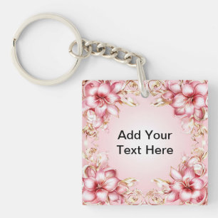 Elegant Floral Frame with Pink Lily Designs Key Ring