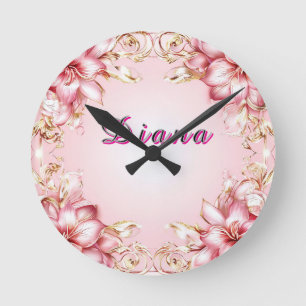 Elegant Floral Frame with Pink Lily Designs Round Clock