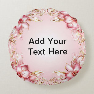 Elegant Floral Frame with Pink Lily Designs Round Cushion