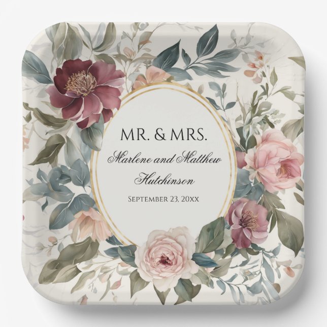 Elegant Floral French Gold Watercolor Wedding Paper Plate (Front)