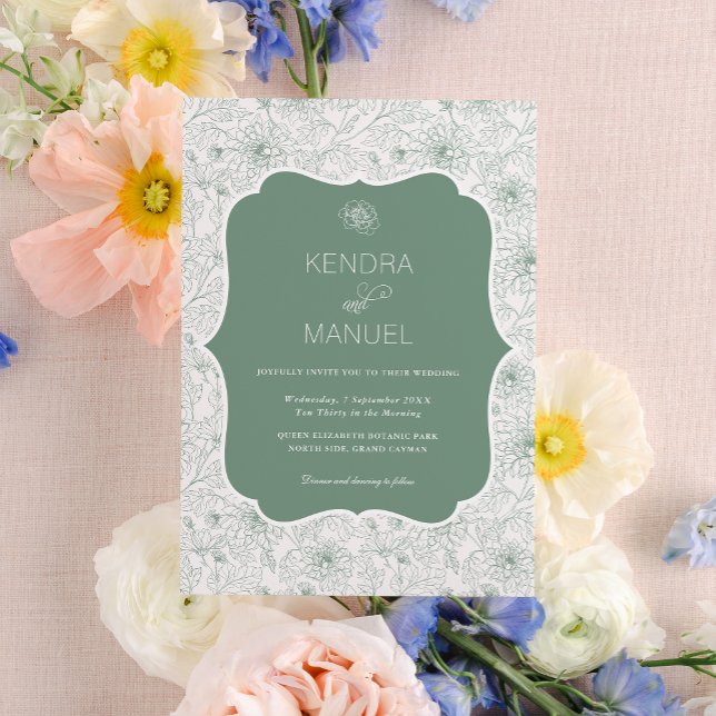 Elegant Floral French Toile Sage Green Wedding Invitation (Creator Uploaded)