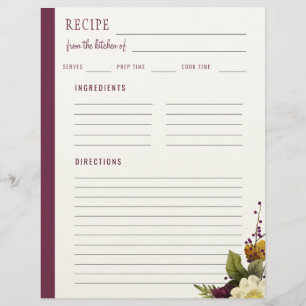 Elegant floral from the kitchen of blank recipe custom letterhead
