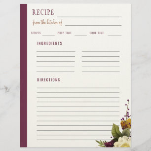 Elegant floral from the kitchen of blank recipe custom letterhead