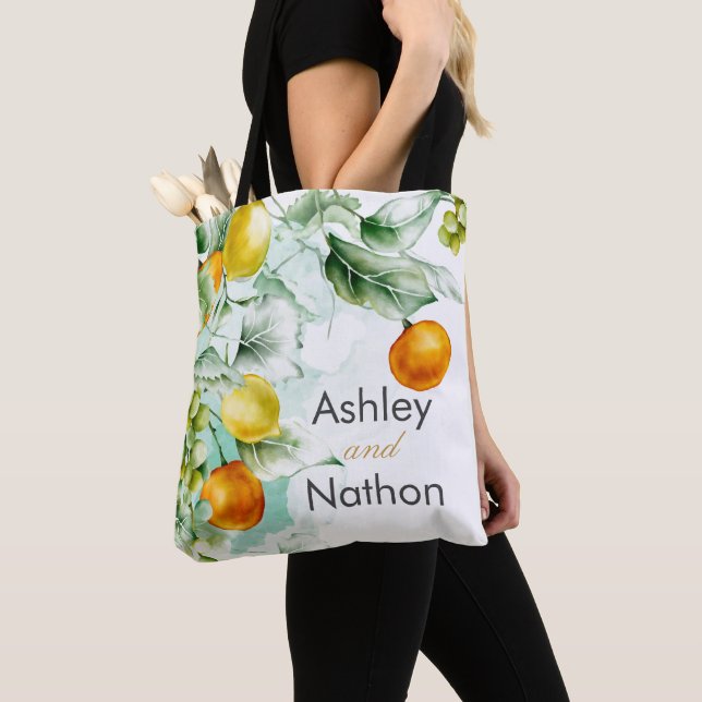 Elegant floral & Fruits watercolour summer Wedding Tote Bag (Close Up)