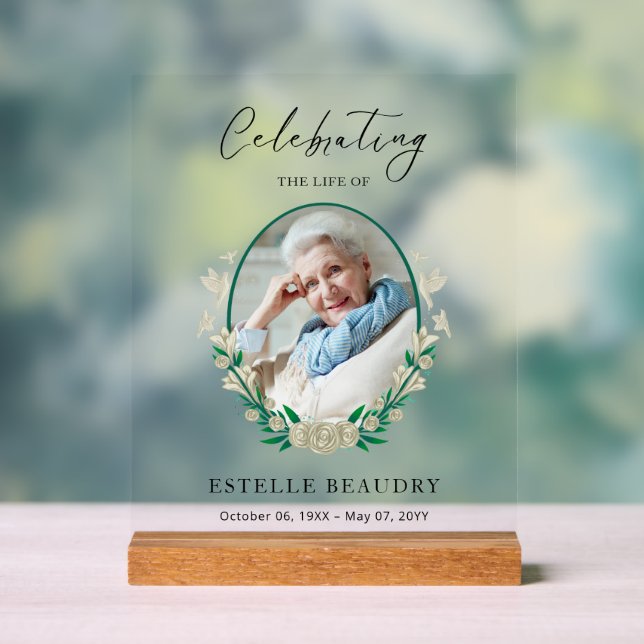 Elegant Floral Funeral Celebration of life Photo   Acrylic Sign (Neutral)