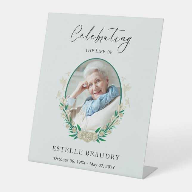 Elegant Floral Funeral Celebration of life Photo   Pedestal Sign (Front)