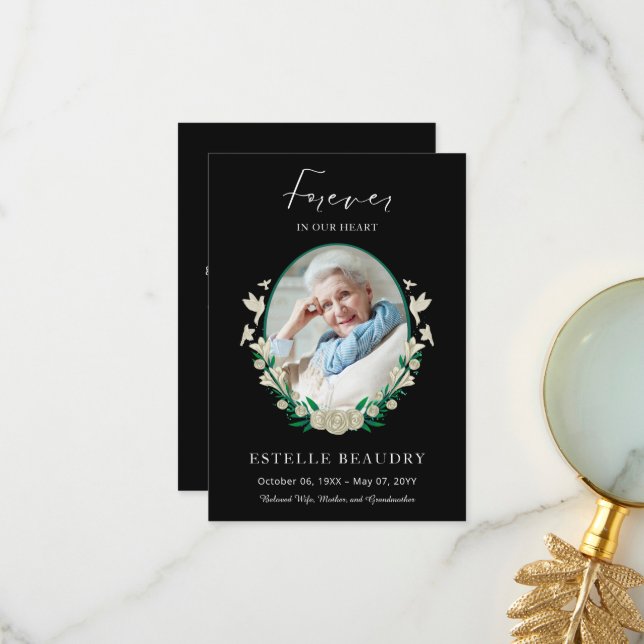 Elegant Floral Funeral Celebration of life Photo Thank You Card (Front/Back In Situ)
