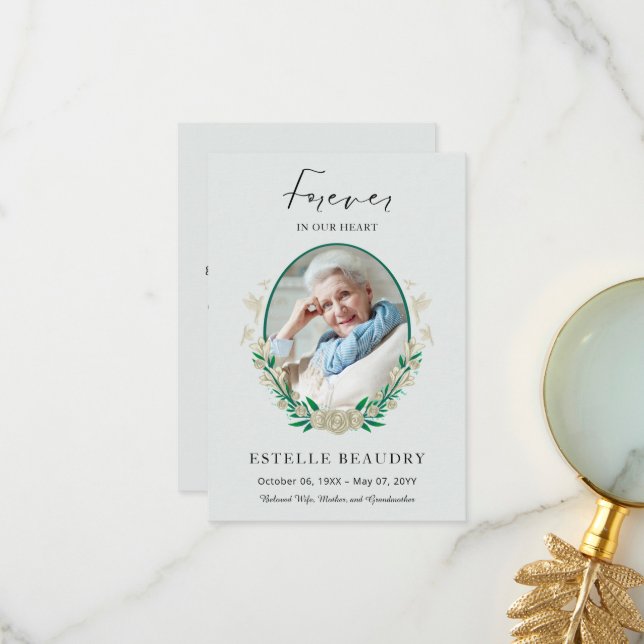 Elegant Floral Funeral Celebration of life Photo Thank You Card (Front/Back In Situ)