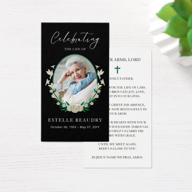 Elegant Floral Funeral Photo Sympathy Prayer Cards (Desk)